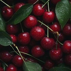 Poster - Close-up of ripe red cherries with green leaves water droplets reflect light creating a glistening effect. Fresh summer fruit background