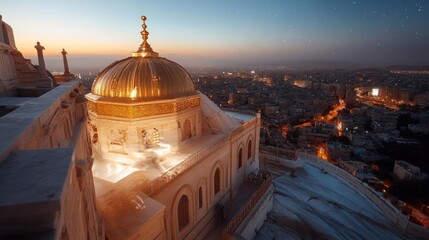 Poster - Aerial view of an illuminated golden dome and building with intricate architectural details set against a cityscape at dusk with stars and soft lighting. The architecture is striking
