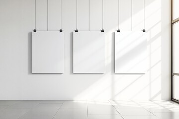Aufkleber - Blank posters hanging on white wall in bright interior.