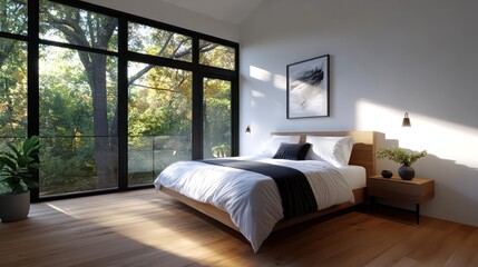 Poster - Bright modern bedroom with wooden bedframe white bedding large windows and outside foliage with natural lighting minimalist interior design