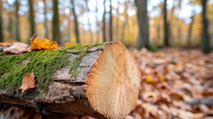 Poster - Close up shot of a fallen log covered in green moss and dry leaves in a forest with blurred background during autumn with shallow depth of field