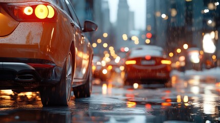 Aufkleber - City street view with vehicles in rain. Wet asphalt reflects vehicle lights and city lights creating a bokeh effect. Snow on roadside. Moody atmosphere