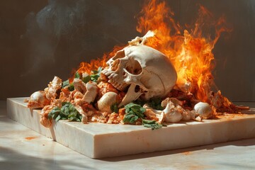 Poster - Generic object on stone block engulfed in flames with scattered bone fragments and green foliage dramatic lighting creates a burning and destructive scene