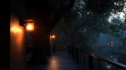 Aufkleber - Evening view of a wooden walkway along a river with lanterns illuminating a tree and the water.  The scene is dark but serene with hints of city lights