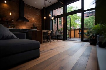 Poster - Modern kitchen interior with wooden floors exposed brick wall and black appliances lit by natural light and pendant lamps
