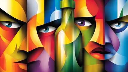 Poster - Abstract faces are shown in vibrant color blocks with a green bottle illustration in the center of the image.