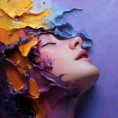 Poster - Woman's profile with eyes closed is painted with textured brushstrokes of yellow orange purple and blue colors set against purple background creating artistic effect
