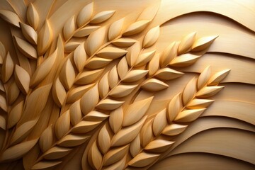 Poster - Close up of carved wooden wheat stalks with detailed textures and warm tones. Displays a unique artistic wood grain pattern. Focus on organic forms