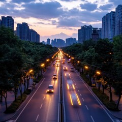 Aufkleber - An elevated perspective of a cityscape with illuminated road at dusk. The image captures a street lined with trees and buildings under a colorful sky