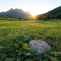 Aufkleber - Scenic landscape with vibrant green field and a rocky foreground illuminated by the warm glow of a setting sun behind mountain range