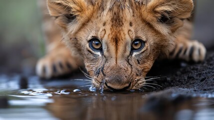 Aufkleber - Close-up of a lion cub drinking water in a muddy environment with brown and black tones and reflections in the water