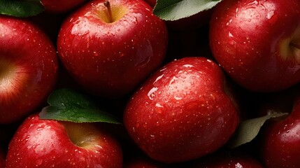 Poster - Close up image of ripe red apples with green leaves and water droplets, studio lighting with shallow depth of field and detailed textures