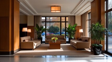 Aufkleber - Elegant hotel lobby with warm lighting beige sofas coffee table large windows with outdoor view and indoor plants