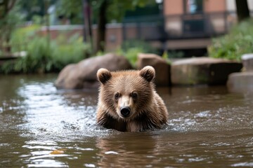 Poster - A brown bear standing in water looking directly at the camera with green foliage and stone structures in the background. The bear has wet fur and focused eyes