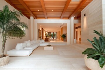Aufkleber - Modern spacious interior with white sectional sofa wooden ceiling beige walls and indoor plants. The open design reveals a bright hallway and natural light