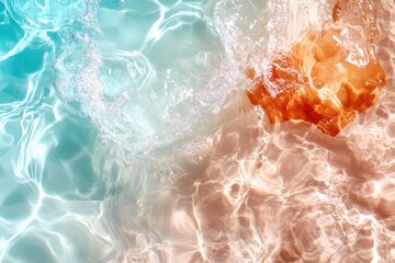 Poster - Close up of water surface with wave motion in teal and brown colors and sunlight reflection with splashes and bubbles