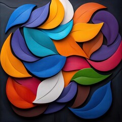 Poster - Arrangement of colorful stylized leaves in various shades on a dark wooden surface creating a vibrant abstract composition