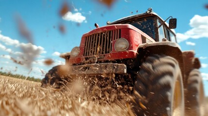 Poster - Red tractor plowing through a field of wheat under a bright blue sky with scattered clouds, dust and debris are flying around