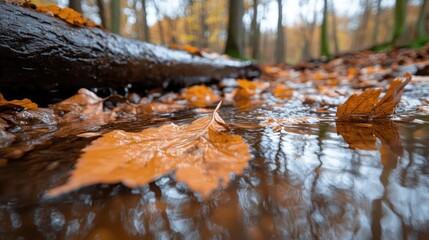 Leinwandbilder - Close up shot of an orange leaf floating in a shallow stream in the forest with a blurry background, moody autumn scene