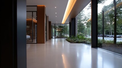 Poster - Interior hallway with wooden panels terrazzo floor glass walls plants and modern lighting