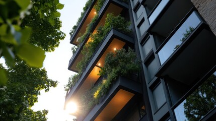 Poster - Low angle view of modern building with lush green plants on balconies with sunlight flare in daytime