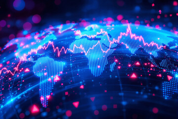 Poster - Global financial market data visualization with bright neon light effects.