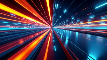 Aufkleber - Fast motion through an abstract neon tunnel with orange and blue glowing lines.