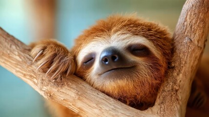 Aufkleber - Close up portrait of a brown sloth sleeping peacefully on a tree branch with closed eyes and textured fur. The background is blurred and warm