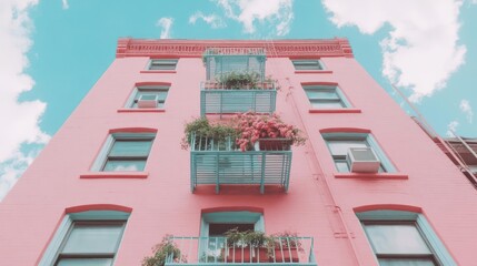 Aufkleber - Low angle view of a pink building with turquoise balconies under a blue sky with light clouds and greenery on balconies