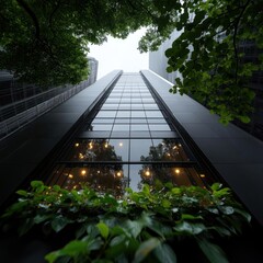 Poster - Low angle shot of a modern skyscraper with large windows reflecting interior lights and framed by lush green foliage against a cloudy sky creating a sense of upward movement and urban nature
