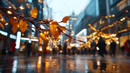 Aufkleber - Close up shot of a tree branch with yellow leaves against a blurred street with bokeh lights in the background creating a festive and urban ambience