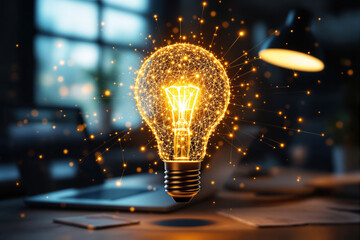 Poster - Glowing digital light bulb with network connections in a dark office background.