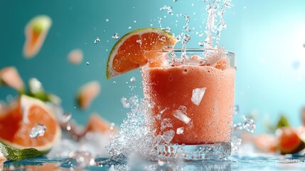 Aufkleber - Refreshing fruit smoothie with water splash and orange slice on the glass on a teal background