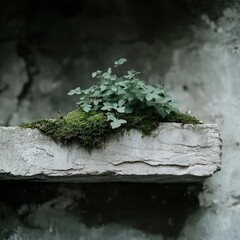 Poster - Close-up of a concrete planter with lush green plants and moss against a weathered stone wall. The focus is on the intricate textures and natural elements
