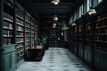 Poster - Elegant library interior featuring rows of bookshelves dark color scheme with atmospheric lighting and classic architecture details
