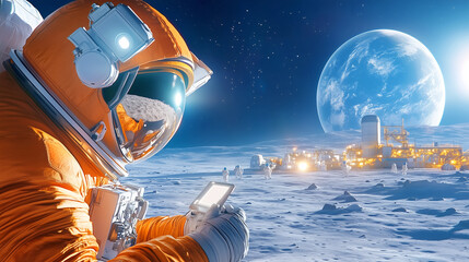 Wall Mural - an astronaut in an orange suit stands on the lunar surface, engaged with a handheld device. in the d