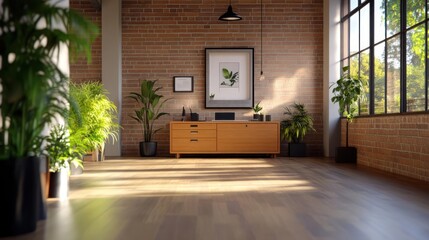 Poster - Interior design with wood floor brick wall and potted plants illuminated by natural light from a large window creates a cozy and natural atmosphere
