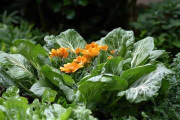 Poster - Close up view of vibrant green leafy plant with orange flowers growing in a garden setting