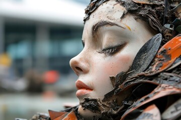 Aufkleber - Profile portrait of a human-like sculpture adorned with organic textures and closed eyes showcasing delicate features with a blurry outdoor backdrop