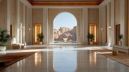 Poster - Elegant interior with ornate archway framing a desert mountain landscape reflecting on polished marble floor featuring plants and ornate decorations