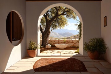 Poster - Interior scene with arched doorway leading to an outdoor landscape featuring a tree and stone wall. A brown rug and potted plants add detail