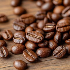 Aufkleber - Macro close up of roasted coffee beans on wooden surface