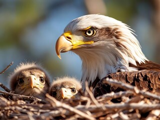 Aufkleber - Close up view of an adult bird with two chicks in a nest. Warm sunlight illuminates the birds against a blurred background of tree branches and sky