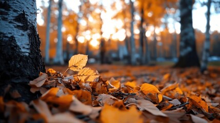 Poster - Autumn forest floor with fallen leaves illuminated by golden sunlight creating a warm and serene atmosphere with blurred background