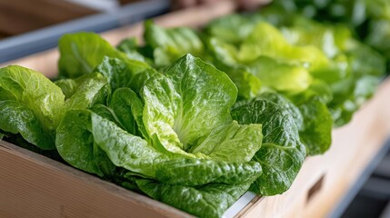 Poster - Fresh green romaine lettuce in a wooden crate under bright lighting. Healthy food concept, close-up detail