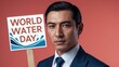 © PURE SP - A businessman in a formal suit holds a sign promoting World Water Day against a vibrant pink backdrop. His expression conveys determination and