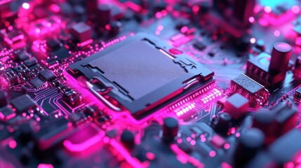 Leinwandbilder - Close up view of a glowing computer chip with neon pink and blue lighting over a black background, showcasing technological details and futuristic design