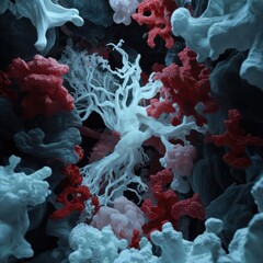 Aufkleber - An artistic macro view featuring intricate coral-like formations in red and white hues set against a dark, textured background