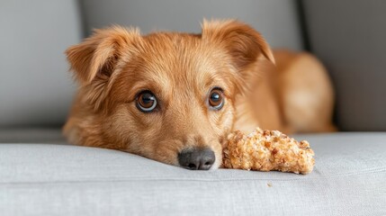 Aufkleber - Adorable brown dog with captivating eyes lying on gray sofa holding a snack in cozy indoor setting. Soft lighting and shallow depth of field enhance the close-up focus