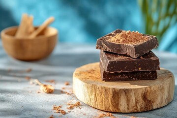 Poster - Stack Of Dark Chocolate Squares With Cocoa Powder On Wooden Board With Wooden Utensils In The Background